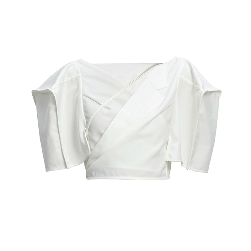 Tiny in three-dimensional square sleeve cross collar tie irregular shirt top women's short -CAM