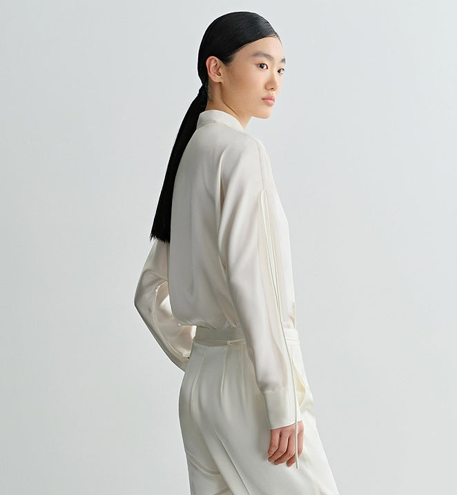 COMME MOI Lu Yan Designer New Women's Half Placket Strip Top Satin Shirt - SAINTS .