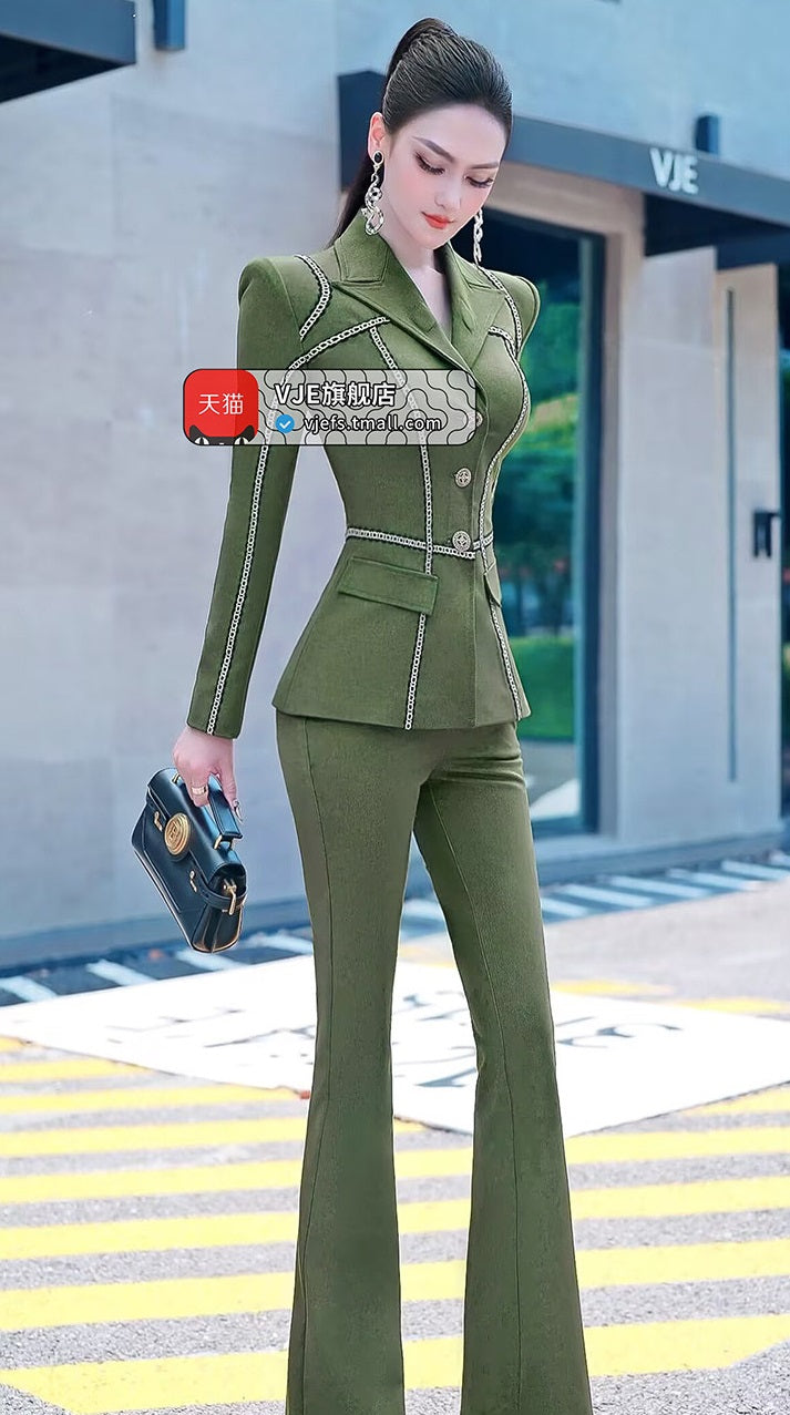 VJE  Denim Suit Webbing Jacket Micro Flared Pants Two-Piece Set - OPO.