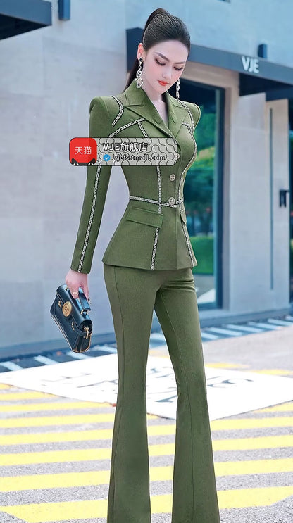 VJE  Denim Suit Webbing Jacket Micro Flared Pants Two-Piece Set-OPO.