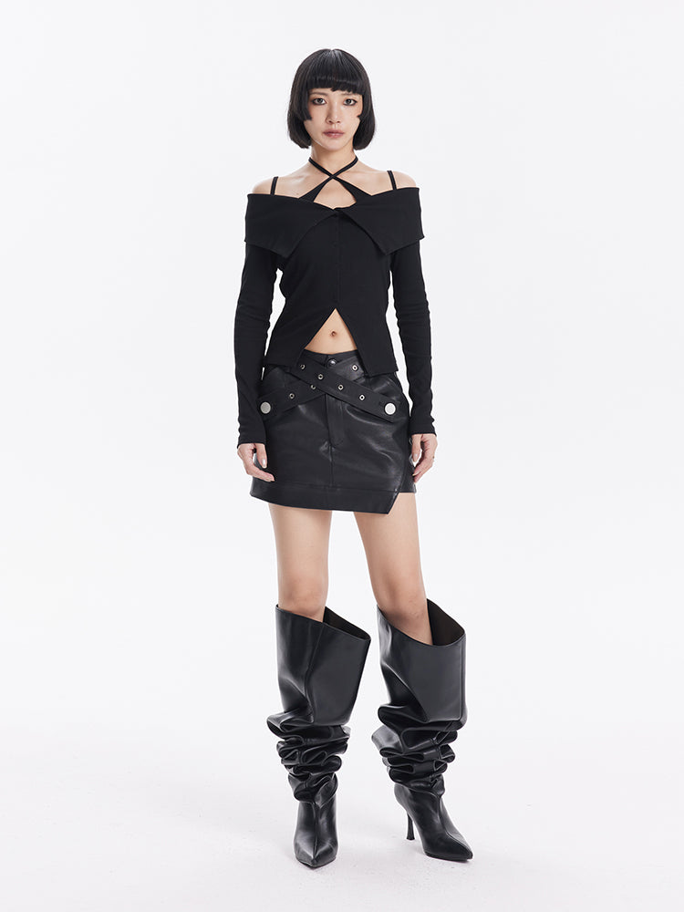 TINY IN cross belt pu leather black skirt -DASHY