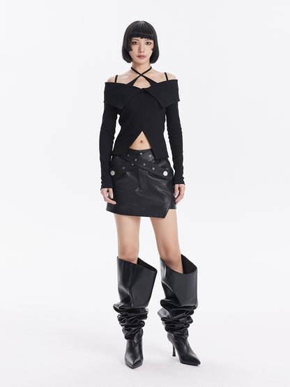 TINY IN cross belt pu leather black skirt -DASHY
