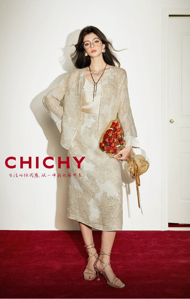 CHICHY mulberry silk national style embroidery jacquard top long skirt set-DINA