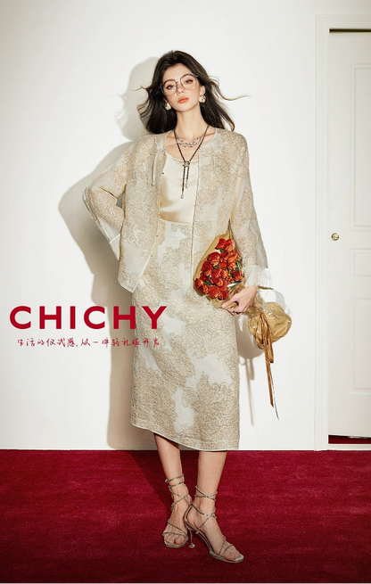 CHICHY mulberry silk national style embroidery jacquard top long skirt set-DINA