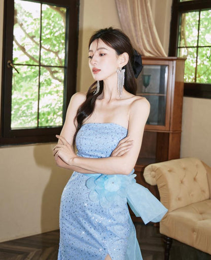 DOLLY Elegant Blue Flower Ribbon Tube Sequin Fish Tail Dinner Dress-LONE