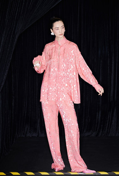 M essential Mackay designer lime jacquard stand-up collar loose top - JAMES.