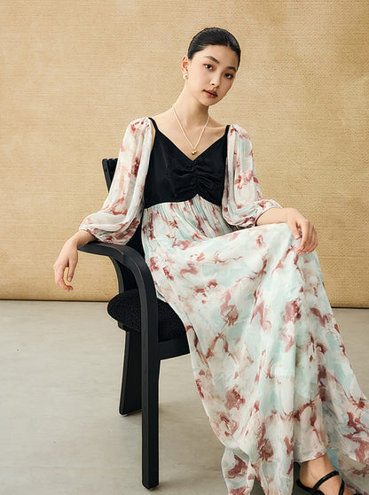 HECO Chinese V-neck camisole chiffon print long dress - BUSE.