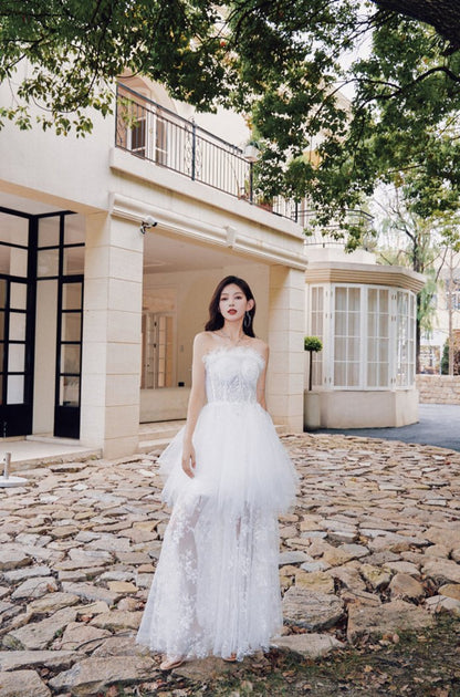 DOLLY Elegant Sleeveless Feather Tube Top Embroidery Long Tutu Dinner Dress-KYLIE