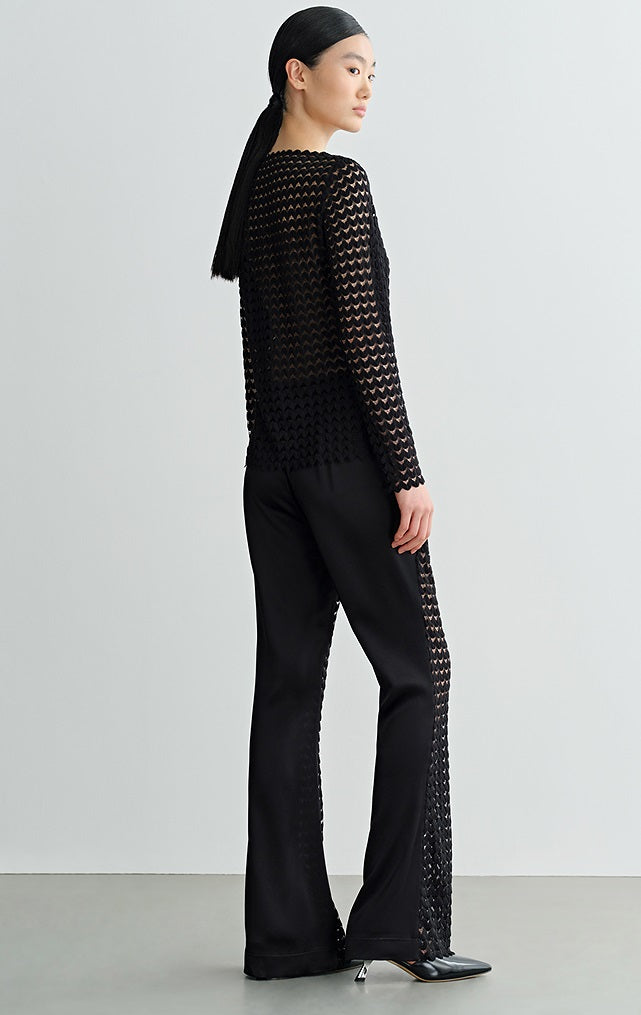COMME MOI summer black cut-out satin panel flared pants - MADELYN.