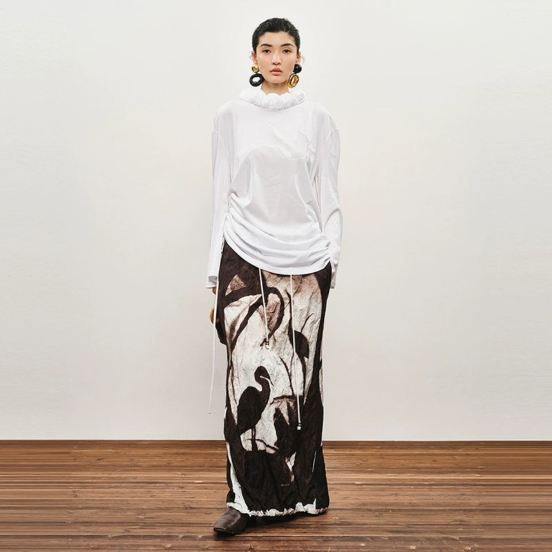 ZHUCHONGYUN Autumn Stork Leaf Slit Drawstring Skirt--YATO.