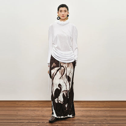 ZHUCHONGYUN Autumn Stork Leaf Slit Drawstring Skirt--YATO.