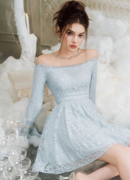 Wardrobes By Chen Elegant Blue jeweled neck Neck lace Dress - Nina