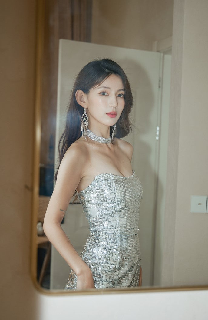 DOLLY Luxury Sleeveless Sequin Tube Top High Waist Feather Fish Tail Midi Cocktail Dress-BROOKE