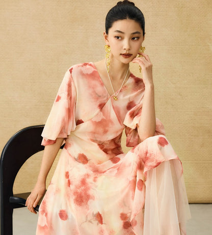 HECO Chinese Floral V-neck Asymmetric Hem Long Dress - DOMINION.