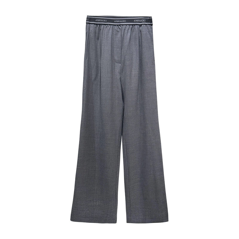 ANNAKIKI designer gray wool elastic waist wide-leg casual trousers-UZUMAKI