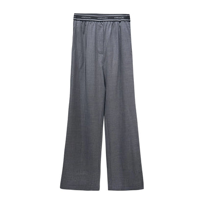 ANNAKIKI designer gray wool elastic waist wide-leg casual trousers-UZUMAKI