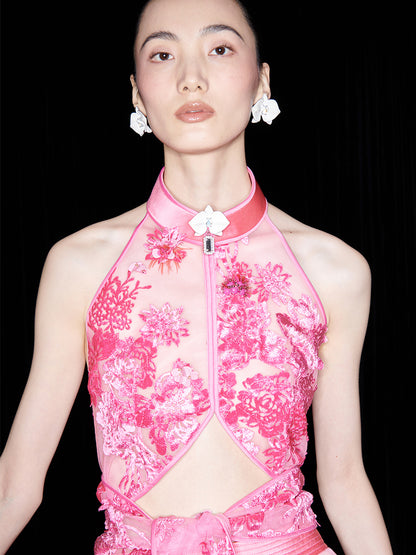 M essential Ma Kai designer falling flower embroidery nail bead lace-up top - PACK.