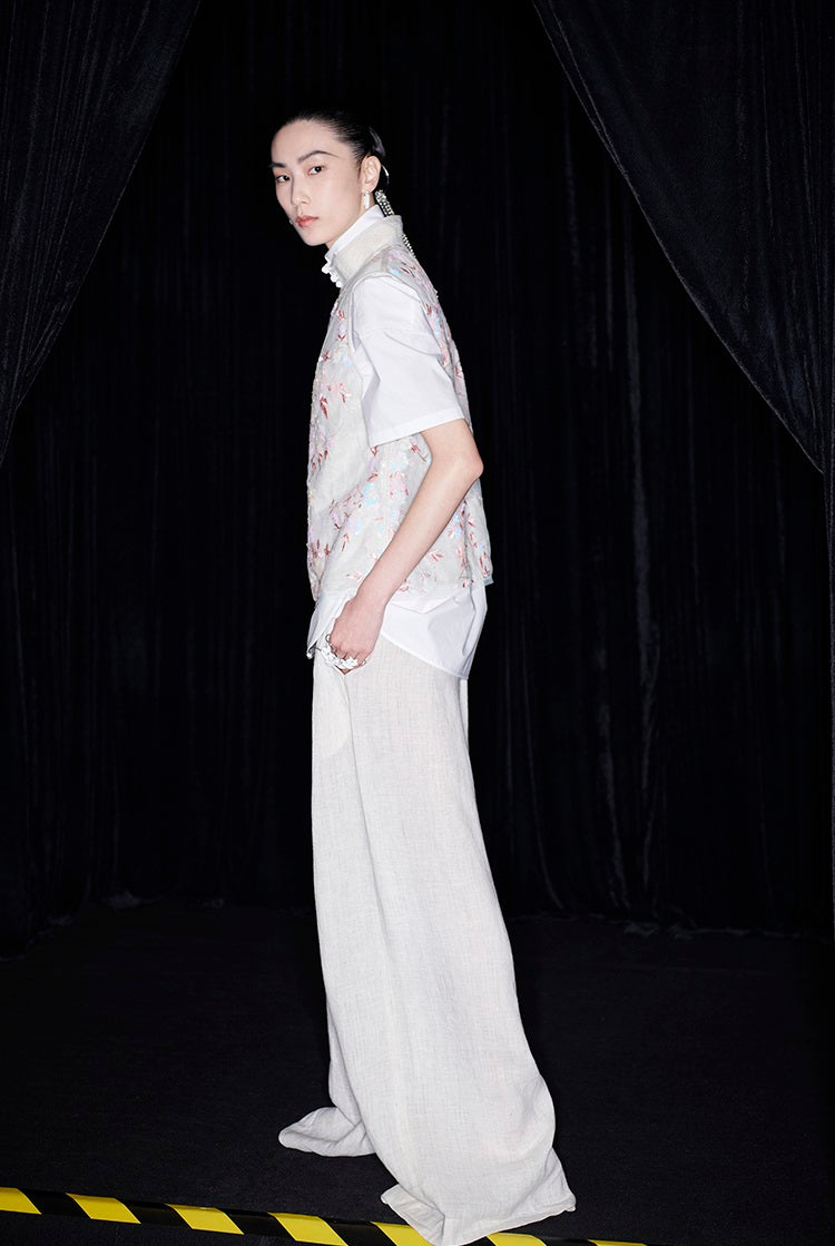 M essential Mackay designer beaded pavé embroidered linen vest - ELONIA.