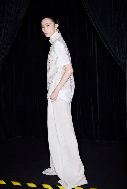 M essential Mackay designer beaded pavé embroidered linen vest - ELONIA.