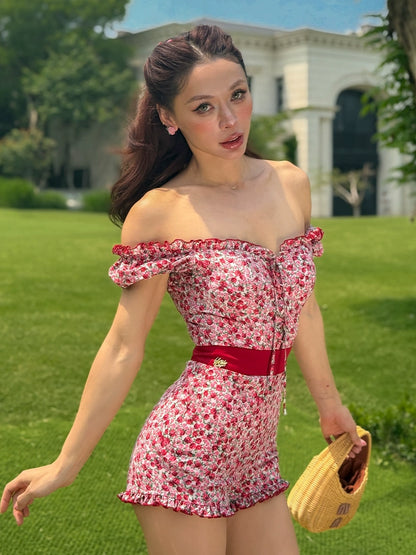 Le Palais Vintage Red Floral Off-the-Shoulder Slim One-Piece Shorts-NOSHIMA.