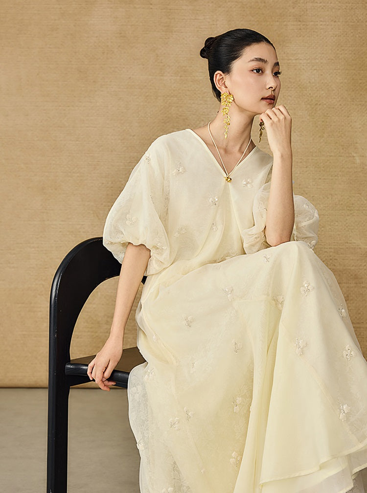 HECO  New Chinese Embroidered V-Neck Puff Sleeve Dress - CORAINE.