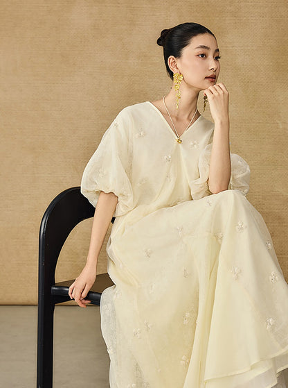 HECO  New Chinese Embroidered V-Neck Puff Sleeve Dress - CORAINE.