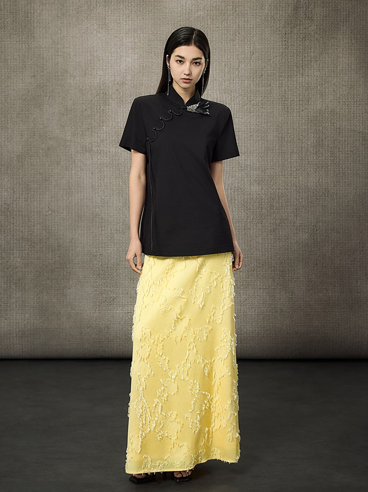 HECO Summer Handmade Orchid Winding Mandarin Neckline Short Sleeve Top - FLIGHT.