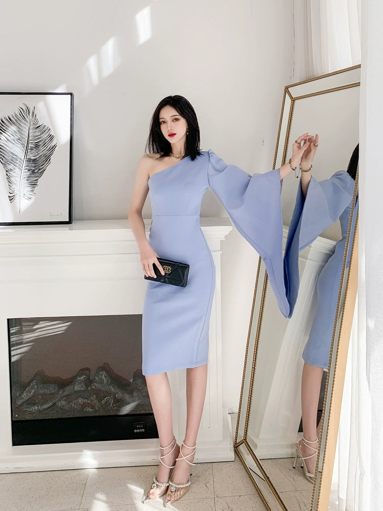 DOLLY Elegant One Shoulder Long Trumpet Sleeve Slim Fit Wedding Guest Dress-MALA