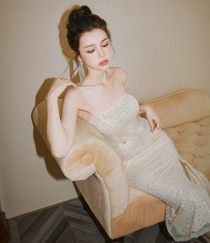 DOLLY Elegant Blue Flower Ribbon Tube Sequin Fish Tail Dinner Dress-LONE