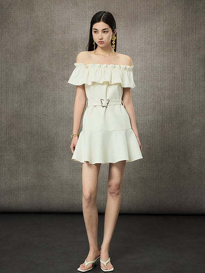 HECO Off Shoulder Ruffle Short Cinched Waist Dress  - SECRET.