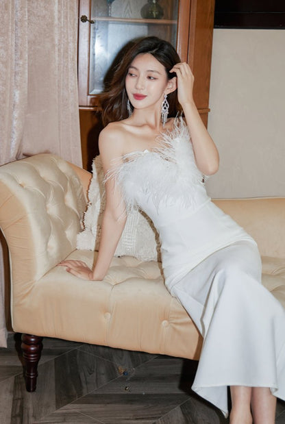 DOLLY Elegant Black Off Shoulder Feather Tube Top Long Slim Fit Dinner Dress-LILIAN