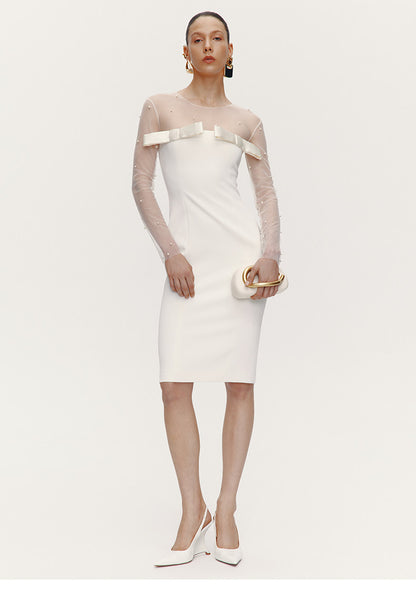 ATELIER MISS LU Fall/Winter Pearl Stitched Bow Waist Dress - HAILEY
