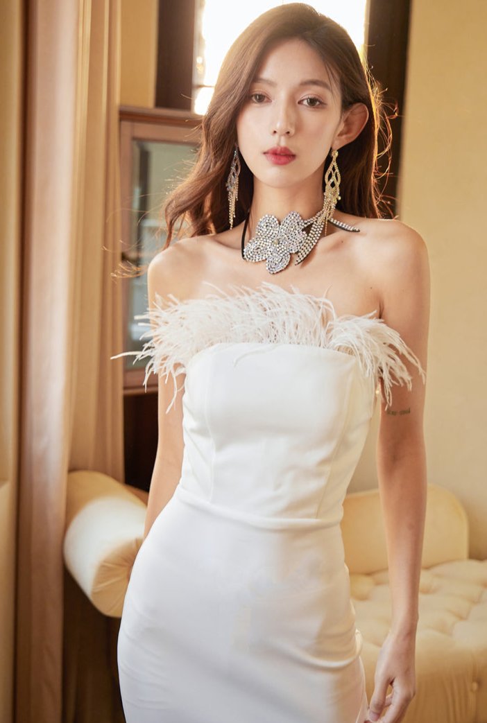 DOLLY Elegant Off Shoulder Feather Tube Top Long Slit Banquet Dress-GALE
