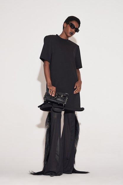 ANNAKIKI Black Saucer Hem Shoulder Padded Loose Dress-SHIRA