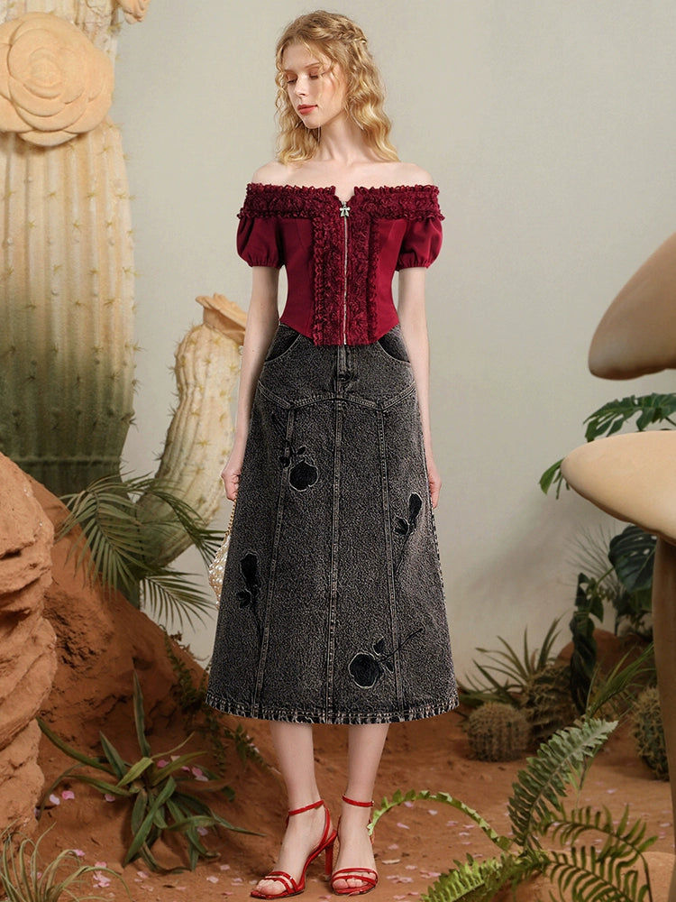 CHECOCRE summer new one-shoulder lace knit top embroidered rose denim suit skirt - HEART.
