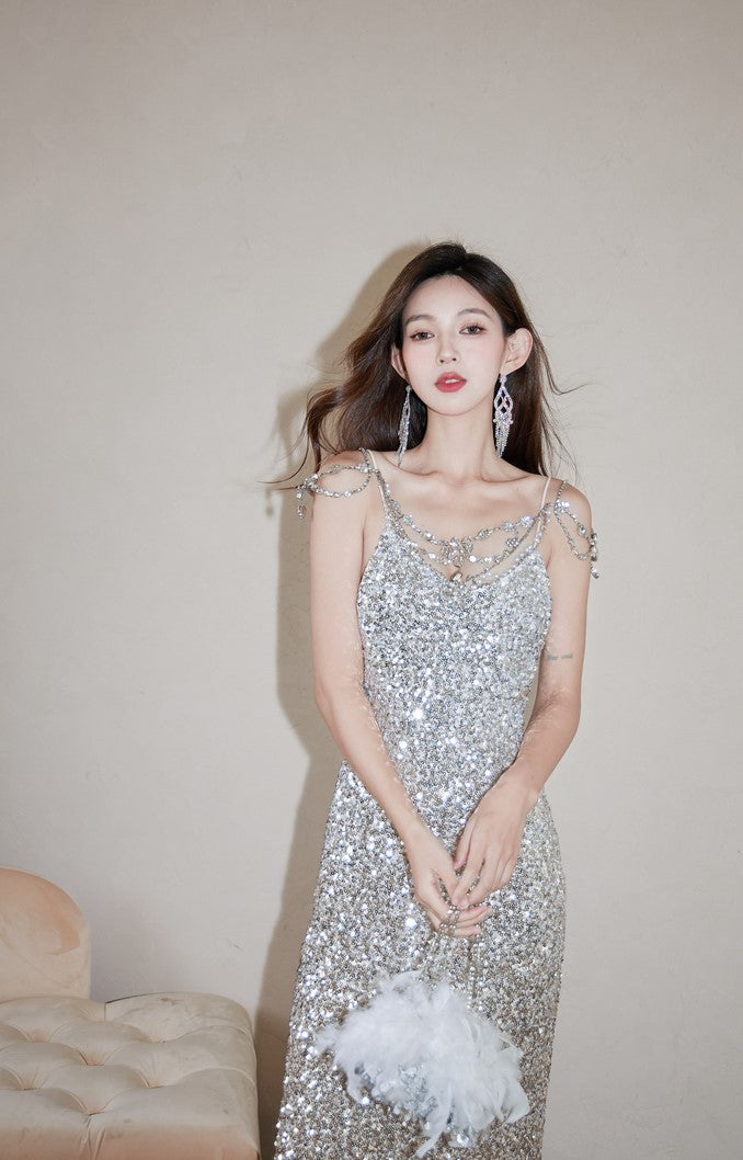 DOLLY High End Retro Style Sliver V-Neck Sleeveless Sequin Long Evening Dress-QUEENETH