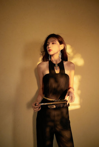 DOLLY High End Black Halter Neck Wrinkle Wide Flared Leg Pant Jumpsuit-LARA