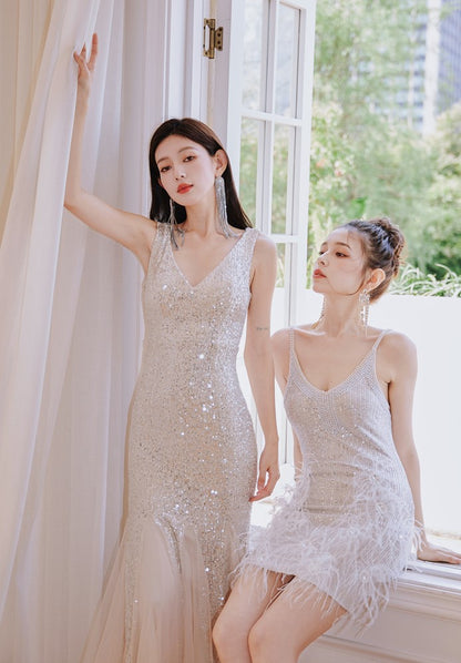 DOLLY Luxury Sliver V-Neck Sleeveless Beaded Sequin Feather Short Dress-JULIA