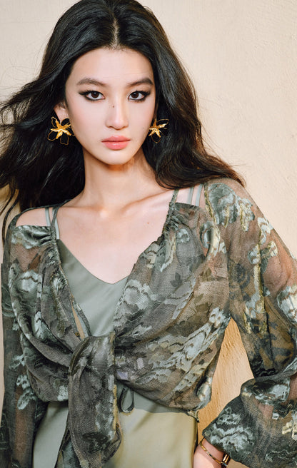 WANGXO Devoré Lace Light and Shadow Heavy Industry Bias French Cardigan & Satin Sundress Set - ESMEE
