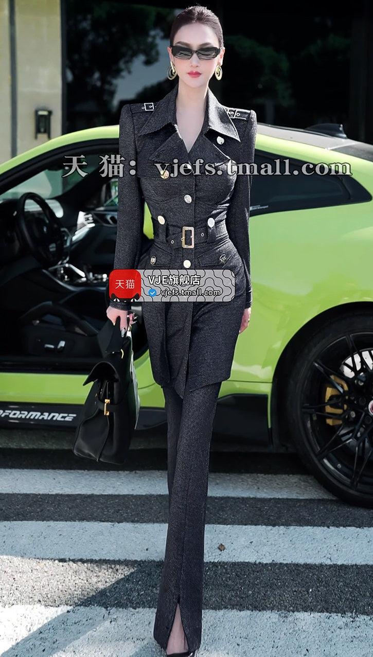 VJE slim trench coat jacket micro flared pants two-piece set - YAN.