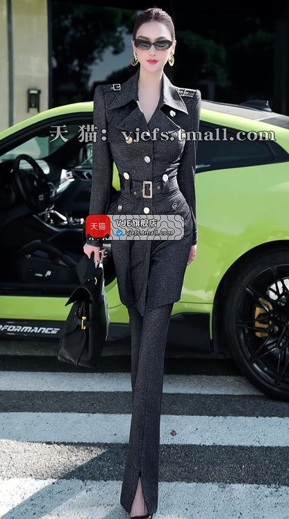 VJE slim trench coat jacket micro flared pants two-piece outfit set-YAN.