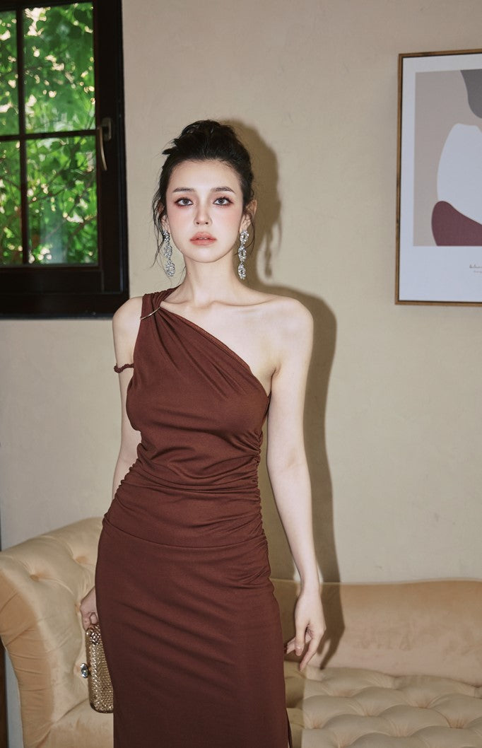 DOLLY High End Caramel Coffee Slant Collar Sleeveless High Waist Long Dinner Dress-CALYPSO  (V)