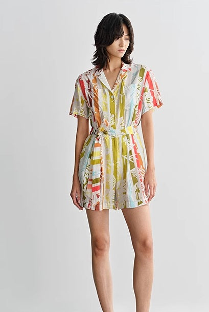 COMME MOI Lv Yan designer summer beach vacation short sleeve printed jumpsuit - SOPHIA.