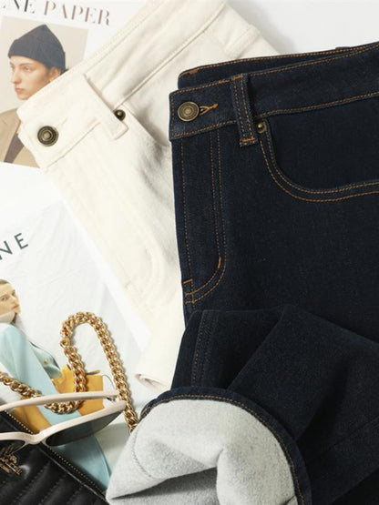 PIAOIN Cashmere Waxy Velvet Thickened Women's Jeans Versatile Slim Pants-CENA