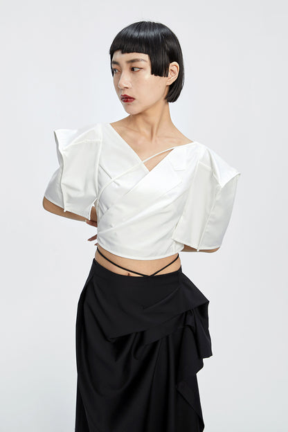 Tiny in three-dimensional square sleeve cross collar tie irregular shirt top women's short -CAM