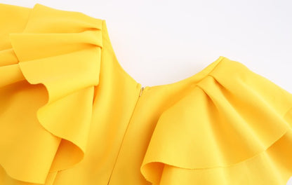 DOLLY Elegant Square Collar Ruffle Short Sleeves Slim Fit Midi Office Dress-HELEN