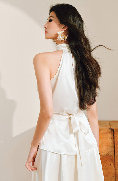 WANGXO | Pearl Lustrous Luxury Gilt Satin  Halterneck Folded Waist Top & High-Waisted Umbrella Skirt Set - ARIA