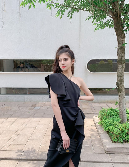 DOLLY Elegant Stand Collar Sleeveless Ruffle Midi Business Dinner Dress-RAINA