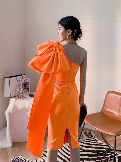 DOLLY Elegant Slant Collar Long Sleeve Bow Drape Body Hug Dinner Dress-CALA