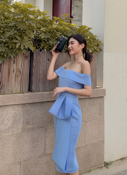 DOLLY Elegant Blue Sleeveless Off Shoulder Chest Wrap Midi Dinner Dress-DARA